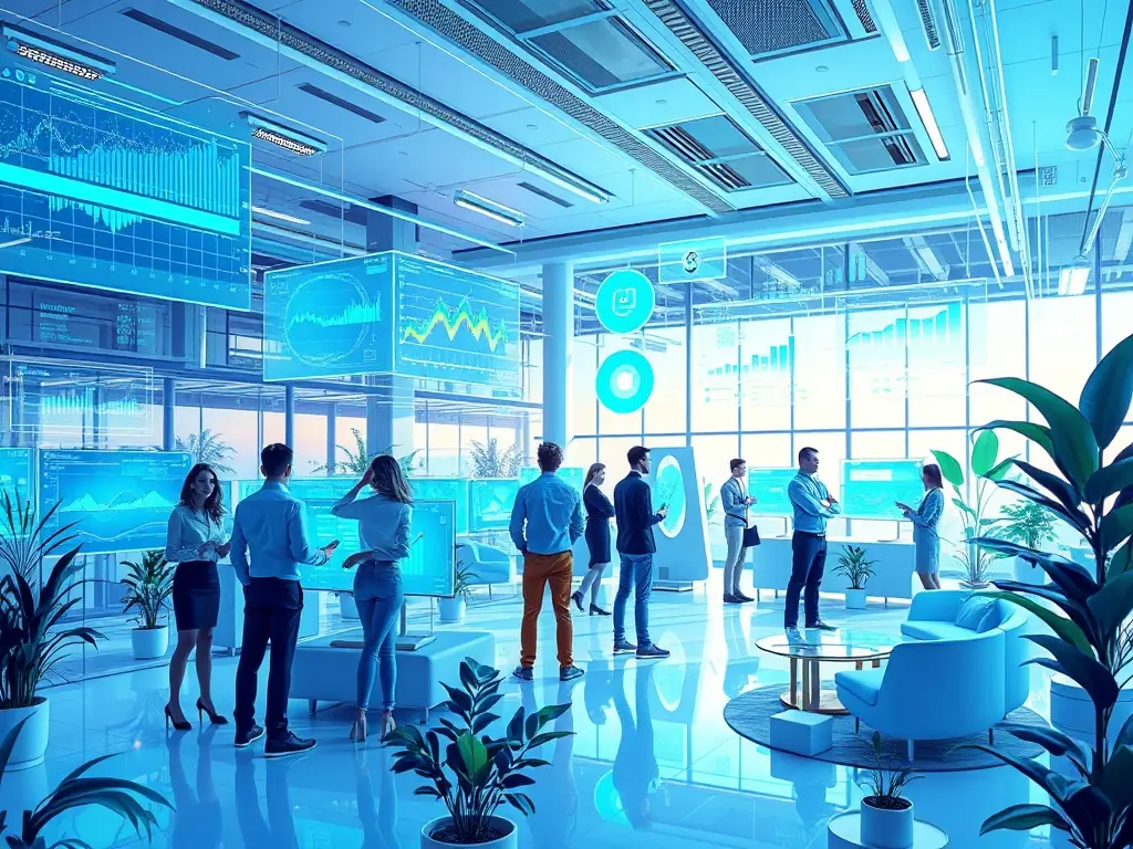 A futuristic holographic projection showing Omegacube, R2, and Gemini extending a hand, with the words 'Repent, ' 'Apologize, ' 'Think, ' and 'Change' floating around them. The background is a modern office setting.