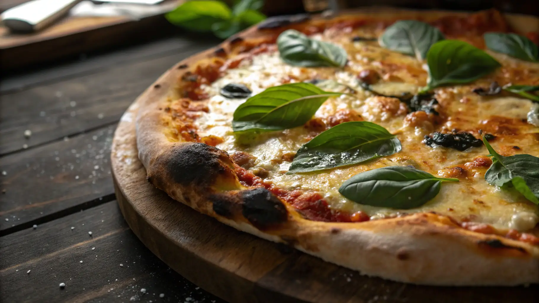 A close-up shot of a freshly baked keto pizza with melted cheese and pepperoni toppings, showcasing its crispy crust and appetizing appearance.
