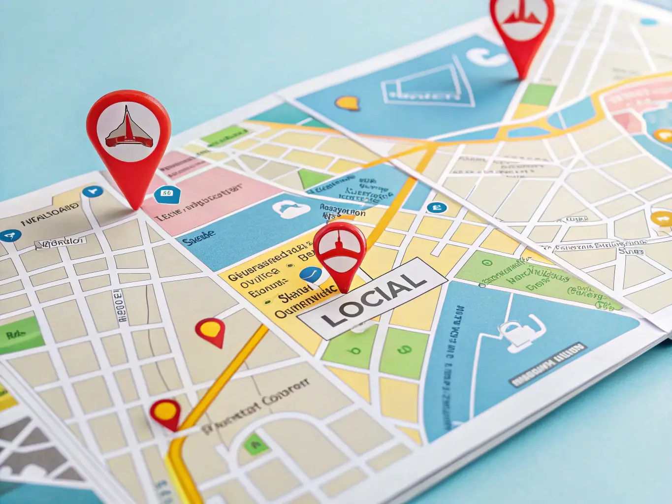 A map with pins indicating local businesses, surrounded by search icons and magnifying glasses, symbolizing local SEO.
