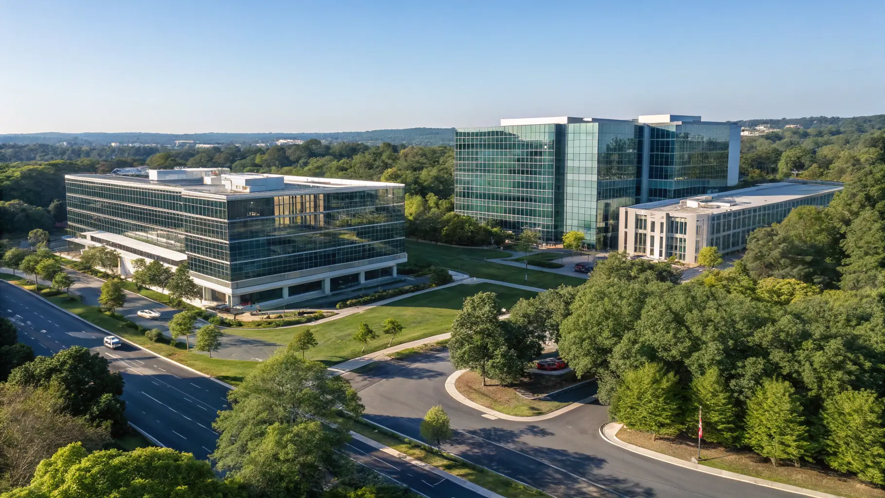 A high-angle shot of the Omegacube Agency headquarters next to the Google High Rise on 2nd Street in Austin, TX, with sun rays beaming in. The image should convey a sense of innovation and collaboration in the digital marketing space.