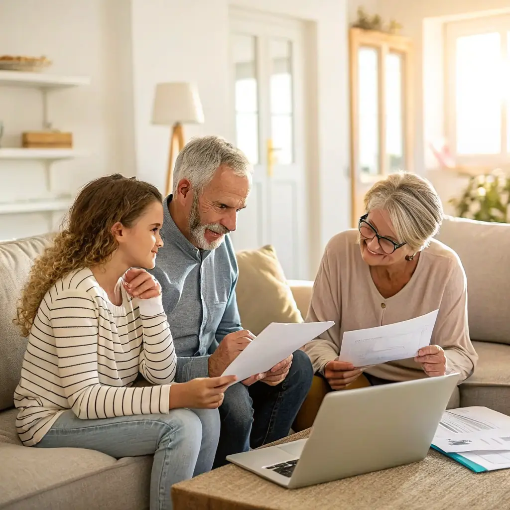 A professional, high-quality image of a family happily gathered around a table, or a close-up shot of hands signing legal documents with a gold pen, set against a clean, modern background. The image should evoke feelings of security, trust, and peace of mind.