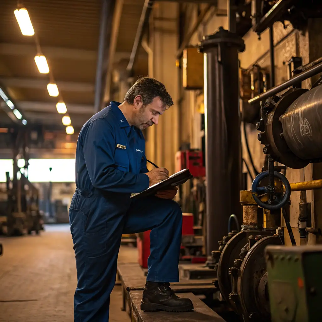A close-up shot of a technician meticulously inspecting a complex industrial filter component, showcasing precision and expertise.