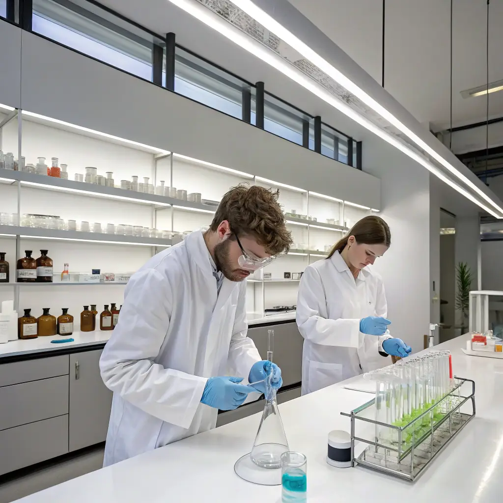 High-resolution image of laboratory technicians in white coats inspecting clear chemical solutions in glass beakers, with modern lab equipment and CHEMSURE branding visible, representing quality control and purity assurance in a professional chemical supply environment.