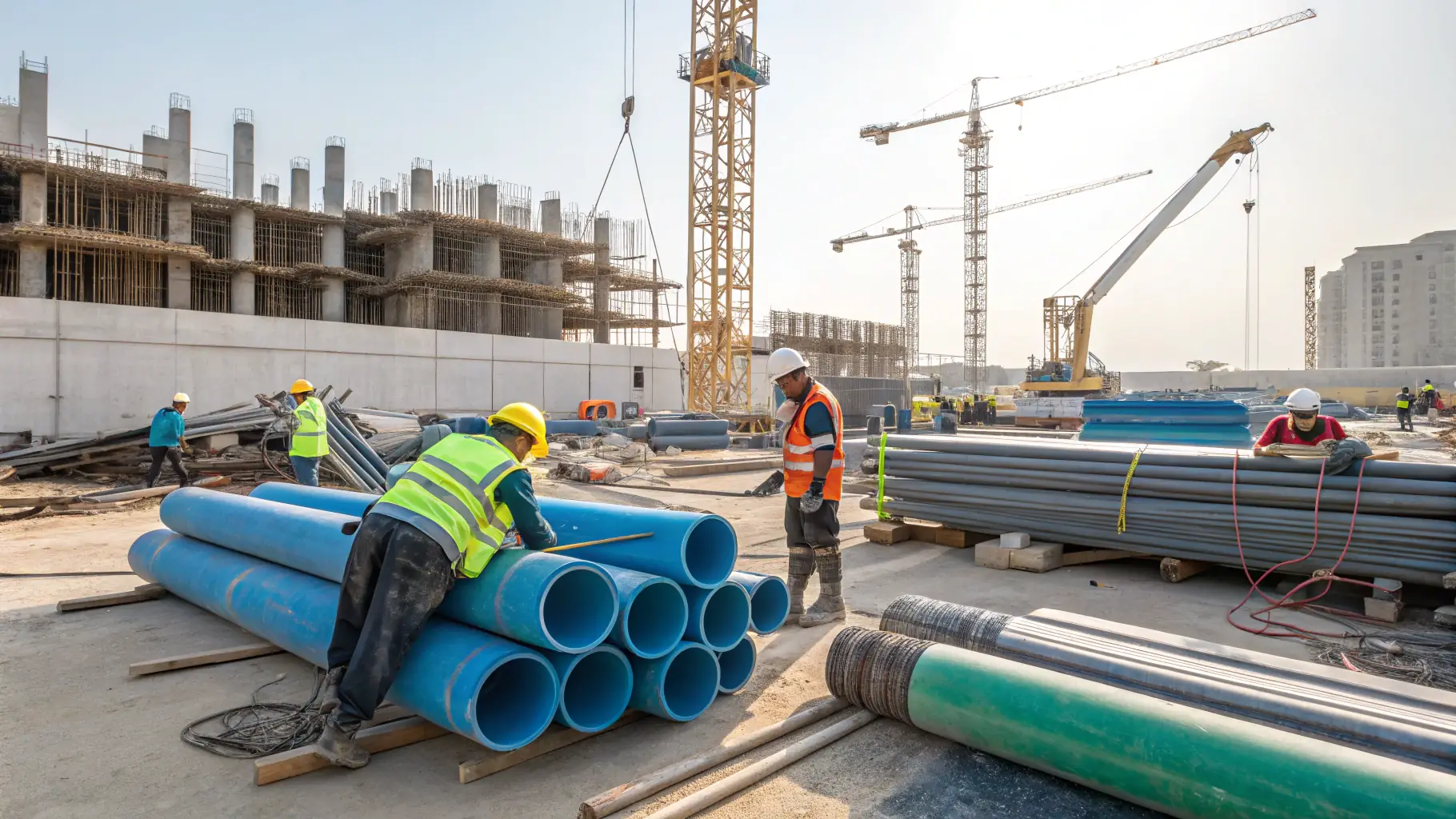 A wide shot of a polyethylene pipe being carefully loaded onto a truck, with workers in safety vests overseeing the process. The Azaraksh Novin Mehregan Javid logo is subtly visible on the truck. The pipes are neatly stacked and secured for transportation.