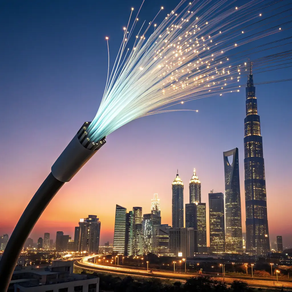 A vibrant image of Birmingham cityscape with fiber optic lines symbolizing high-speed internet connectivity
