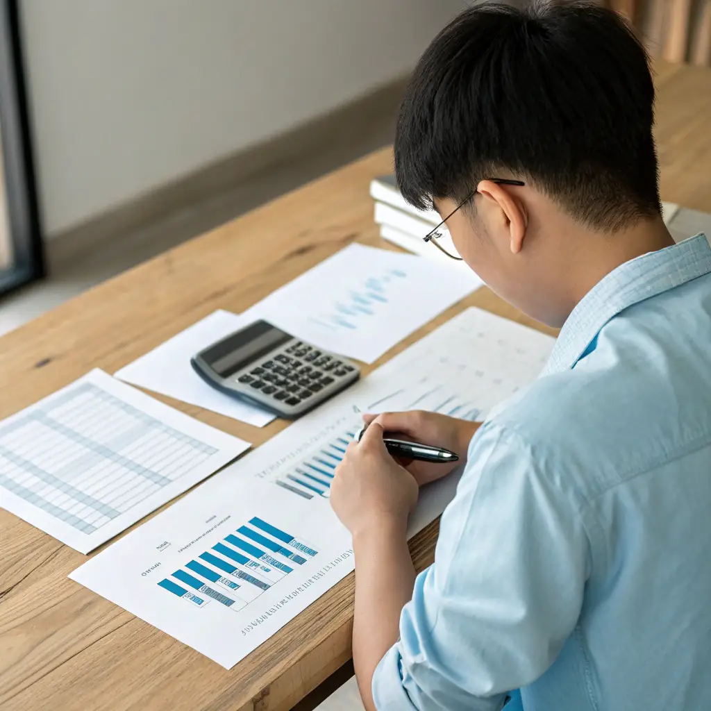A person carefully reviewing charts and data on a computer screen, symbolizing the need for thorough research and analysis before using SunX or any DeFi platform.