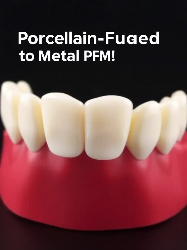 A detailed image of a Porcelain-Fused-to-Metal (PFM) crown, highlighting the porcelain layer over the metal substructure. The crown is placed on a dental model to show its fit and natural appearance.