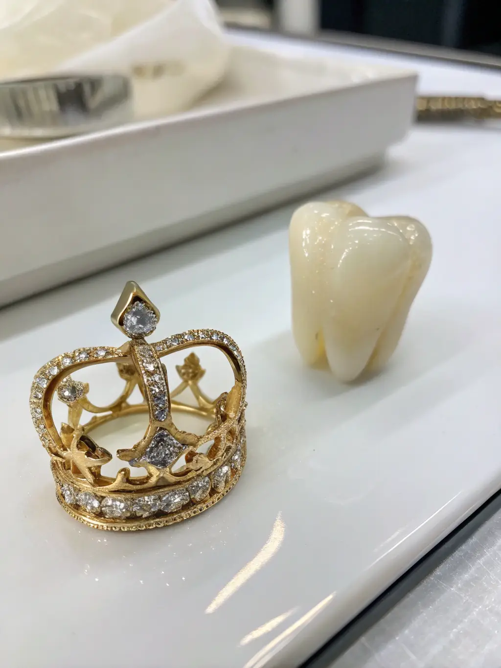 A close-up studio shot of a perfectly shaped zirconia crown, showcasing its smooth, white, and translucent appearance. The background is a soft, gradient blue to emphasize the crown's aesthetic qualities.