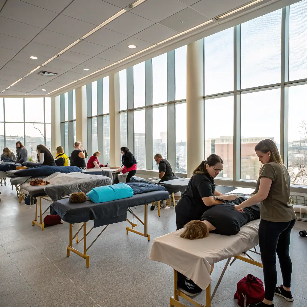 A group of students practicing holistic therapies in a classroom, with certificates and educational materials, representing Seformer's professional training environment