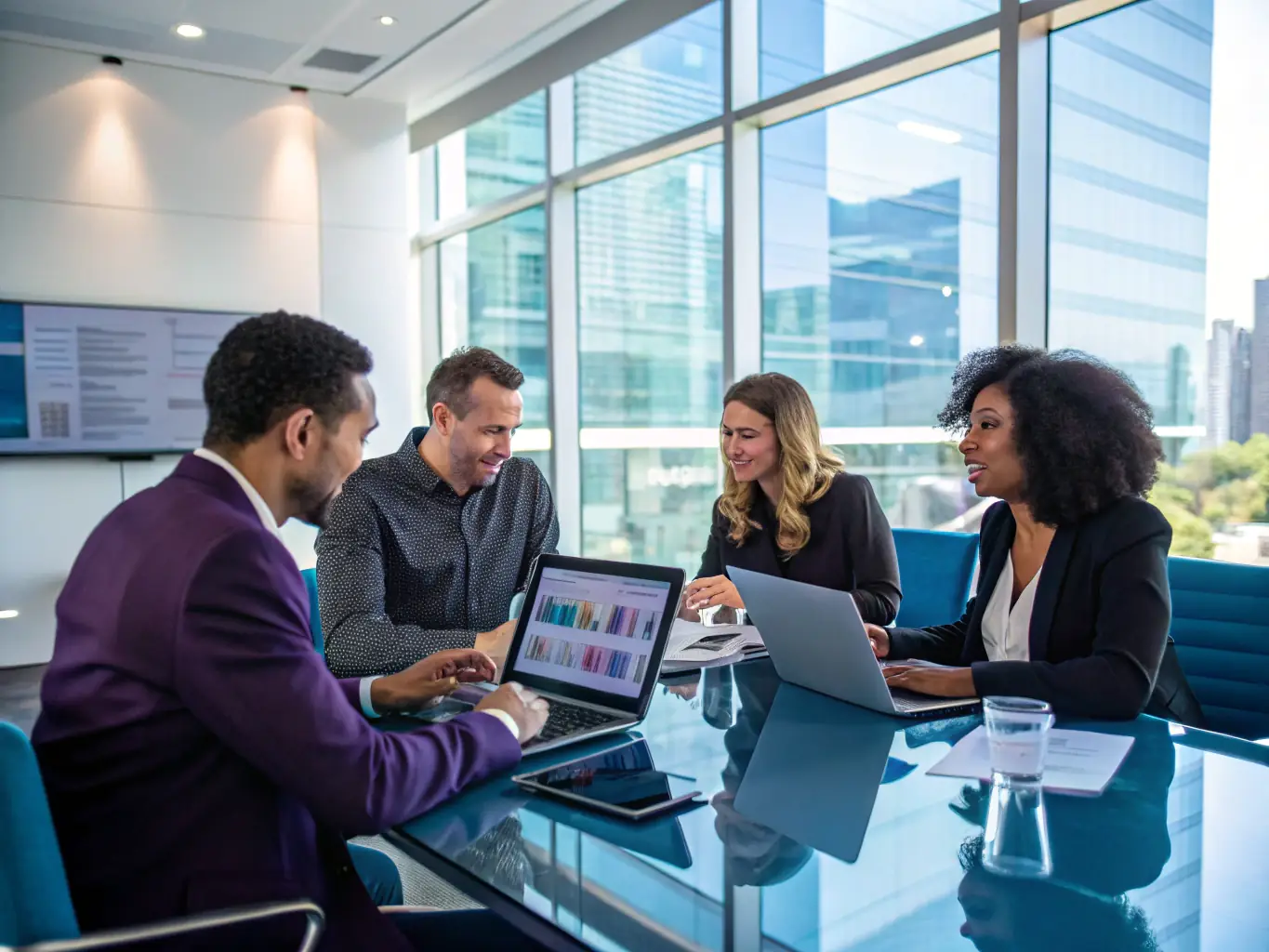 A professional team of AI consultants collaborating with clients to implement innovative solutions