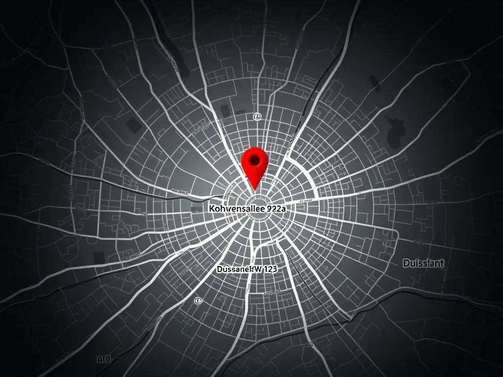A small map of Düsseldorf, Germany, highlighting the location of Königsallee 92a.
