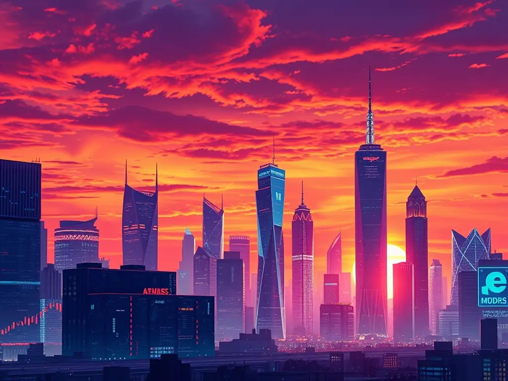 A vibrant, modern illustration of a futuristic cityscape with digital overlays representing AI and data analytics, suitable for a professional business website