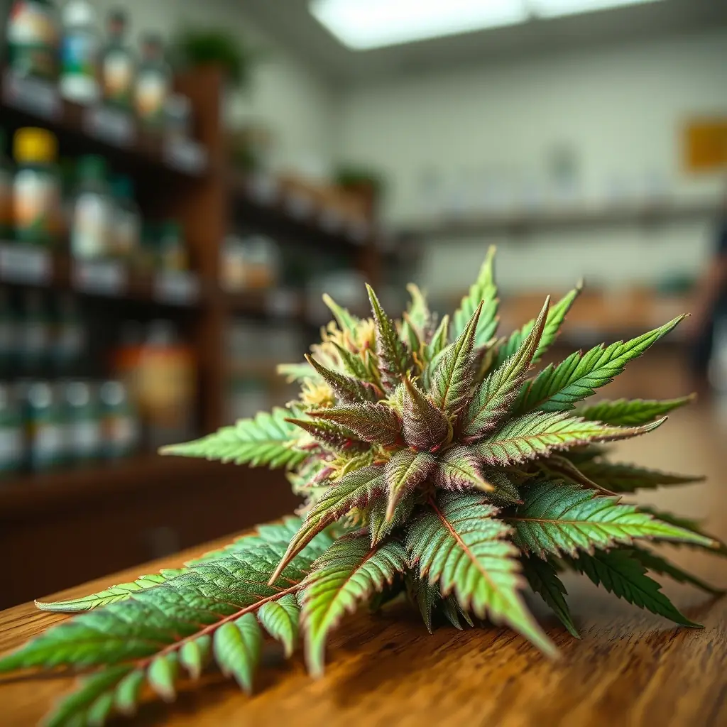Close-up shot of Garlic Gas cannabis flower, showcasing its trichomes and vibrant colors, placed in a dispensary setting.