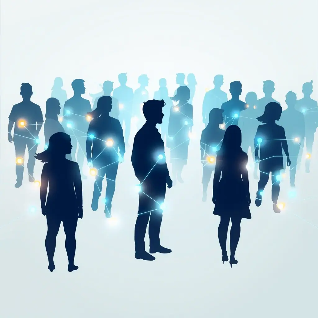 Abstract illustration of human connection and growth — a network of glowing lines and nodes connecting human silhouettes, with warm colors (blue, teal, and gold) symbolizing trust, energy.