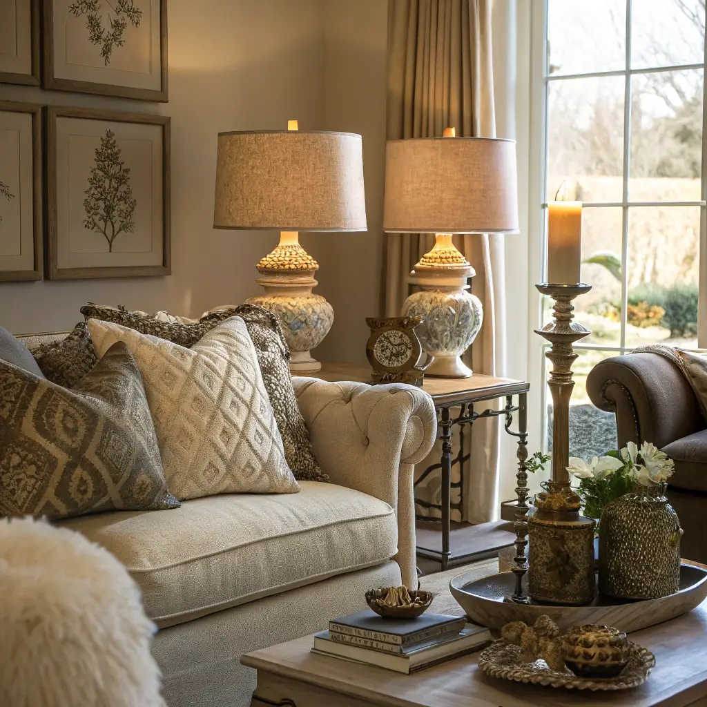 A bright, high-quality image showcasing a spotless, well-organized living room after a professional cleaning service. The room should have elements of English-style decor, reflecting the 'Think Tea and English style' aspect of the company.