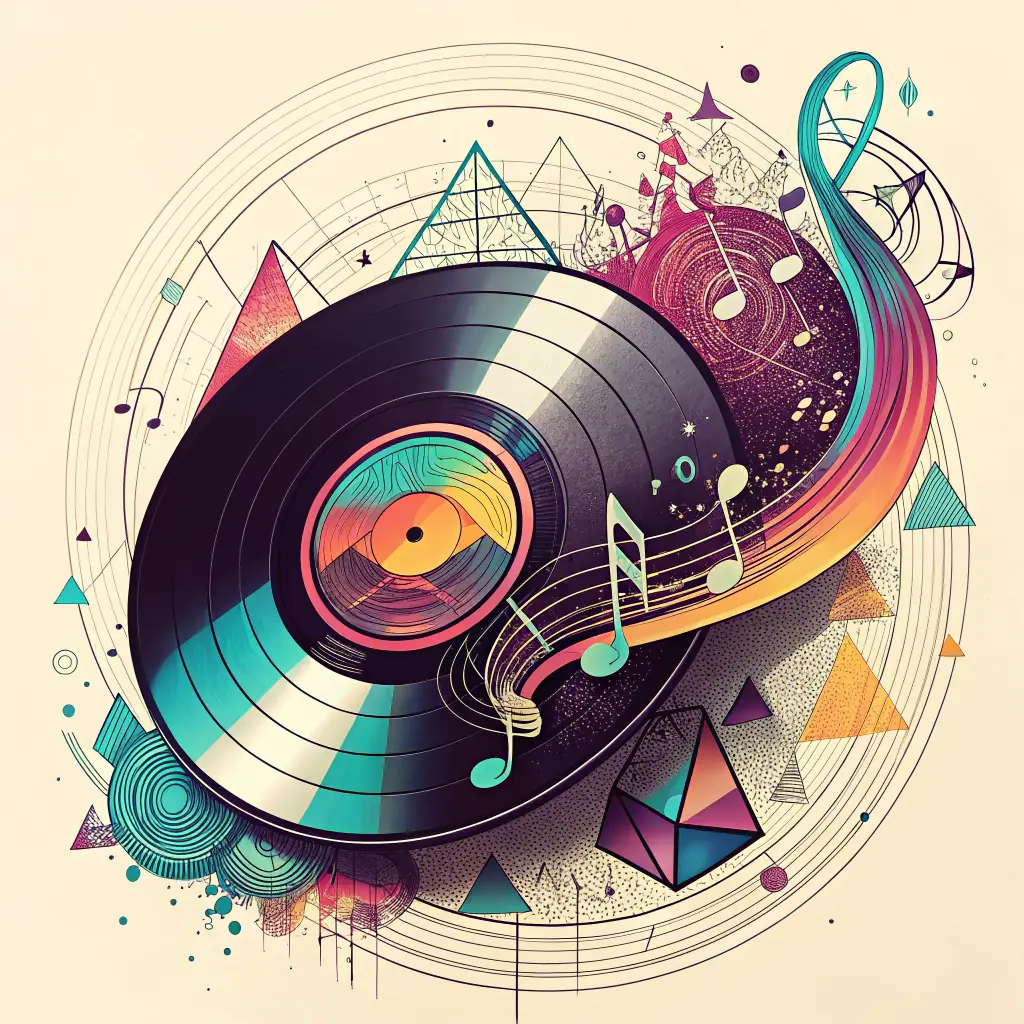 Album cover with a vinyl record spinning on a turntable