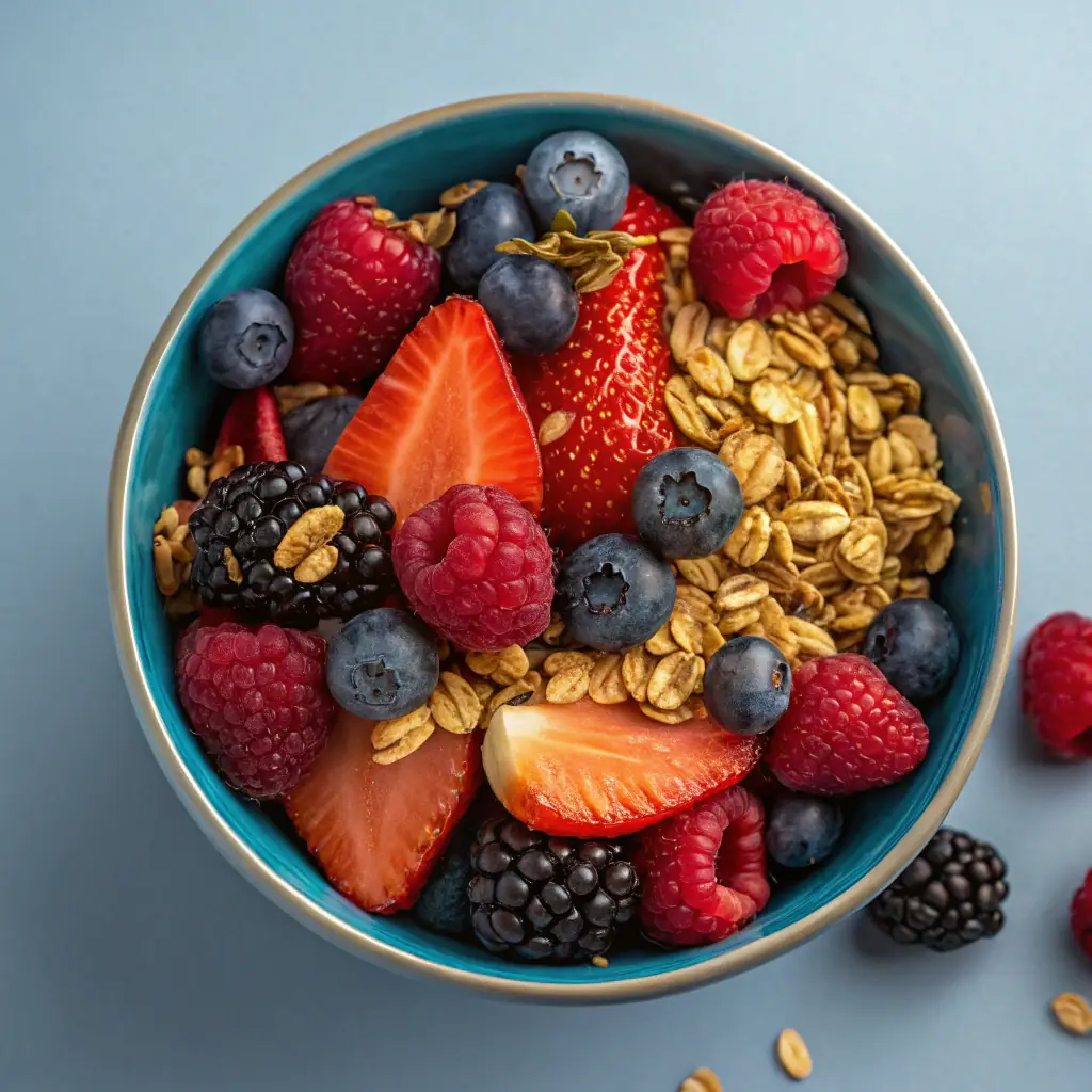 Image of a bowl of Organic Pure & Simple granola with fresh berries and nuts, showcasing its natural and wholesome ingredients.