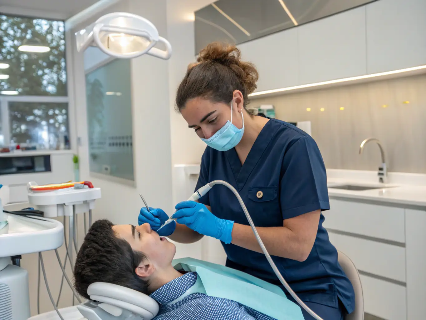 A close-up shot of a dental hygienist using an ultrasonic scaler to remove tartar from a patient's teeth. The focus is on the precision and care taken during the scaling process.