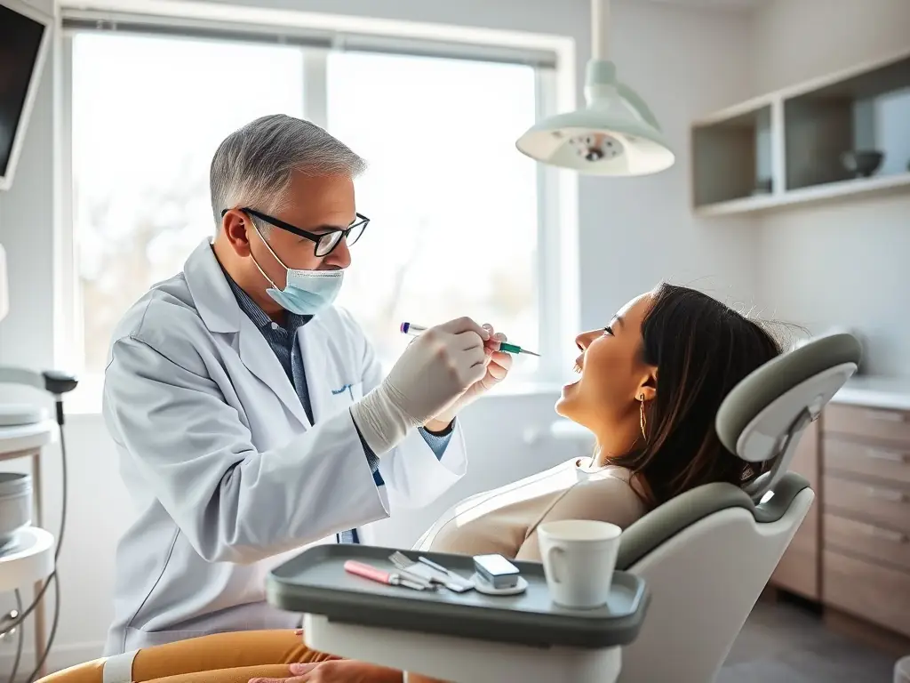 A dental professional applying fluoride gel to a patient's teeth with a small brush. The image emphasizes the protective benefits of fluoride treatment.