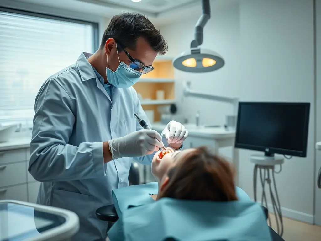 A dentist polishing a patient's teeth with a rotating brush and special toothpaste. The image highlights the smoothness and shine achieved after polishing.