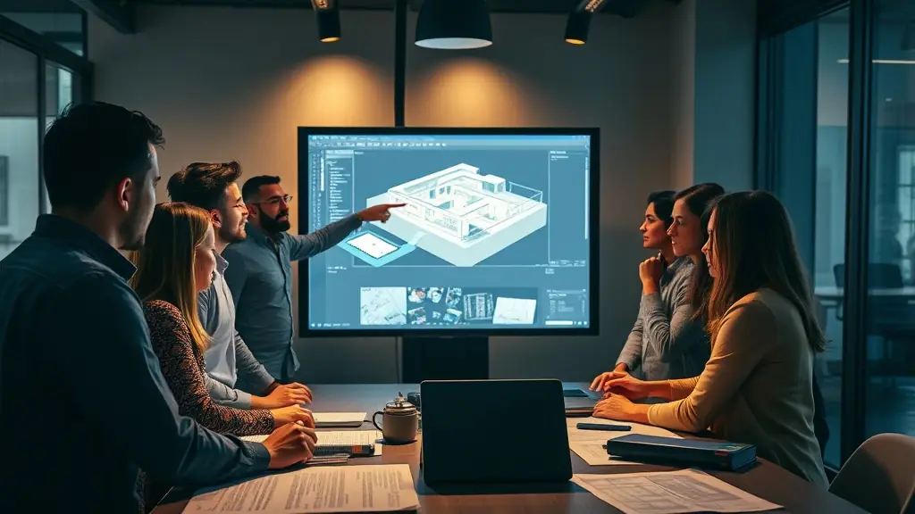 A team of engineers working on a BIM project in a modern office environment.