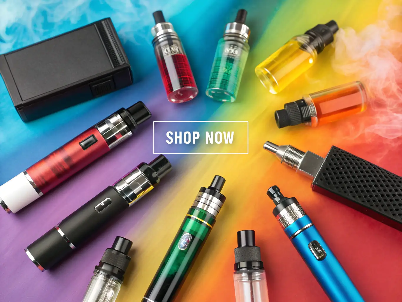 a vibrant display of various disposable vape devices arranged neatly, showcasing different flavors and designs, in a modern vape shop setting