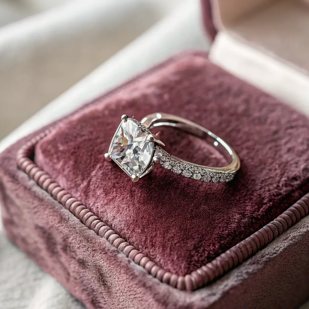 A close-up shot of a sparkling diamond engagement ring, elegantly displayed on a velvet cushion. The background is softly blurred to emphasize the ring's brilliance. The image is intended to evoke feelings of love, commitment, and luxury, enticing potential customers to explore engagement ring options.