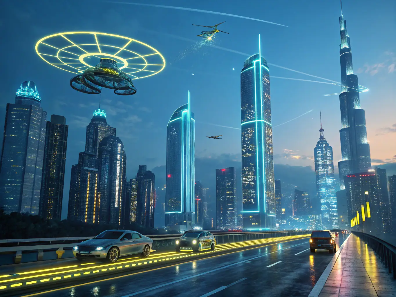 A futuristic cityscape with digital overlays representing AI and SEO strategies, symbolizing the integration of AI in search engine optimization for Shopify businesses.