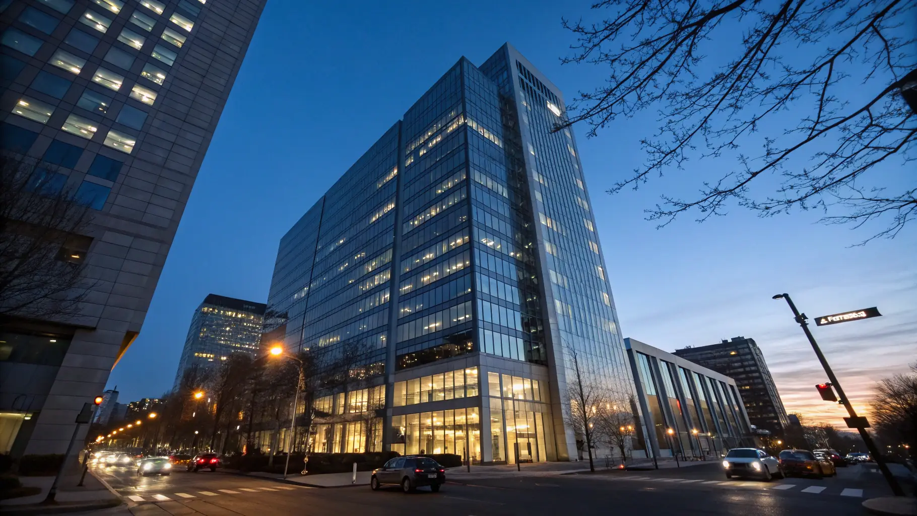 A modern office building with a focus on financial charts and graphs displayed on large screens, symbolizing investment management.