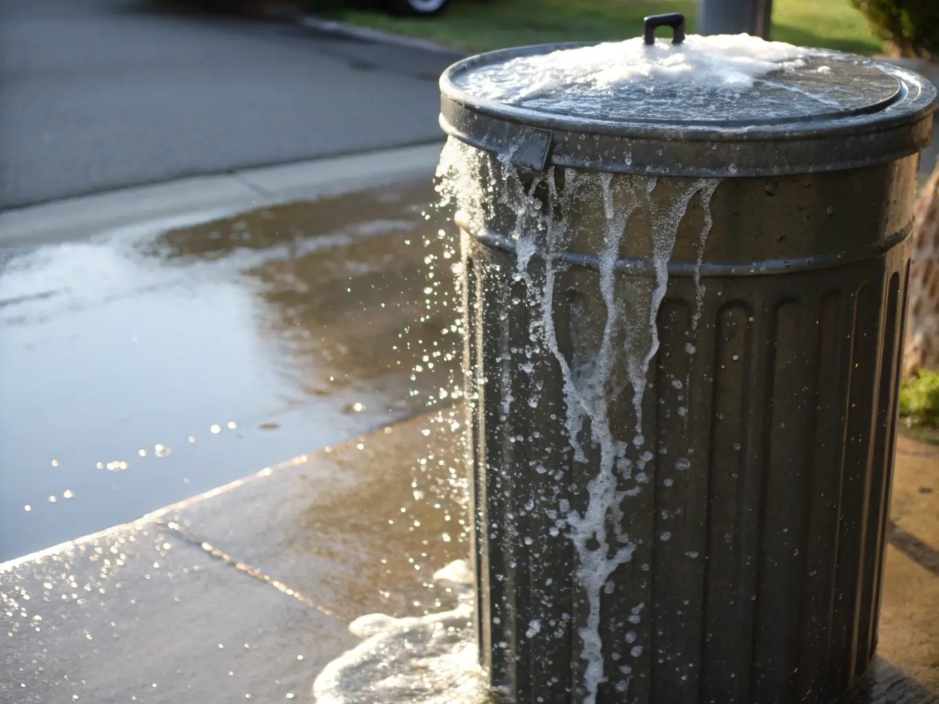 A dumpster area being thoroughly cleaned with a pressure washer, removing grease and grime, highlighting E&S Pressure Washing LLC's expertise in cleaning commercial spaces.