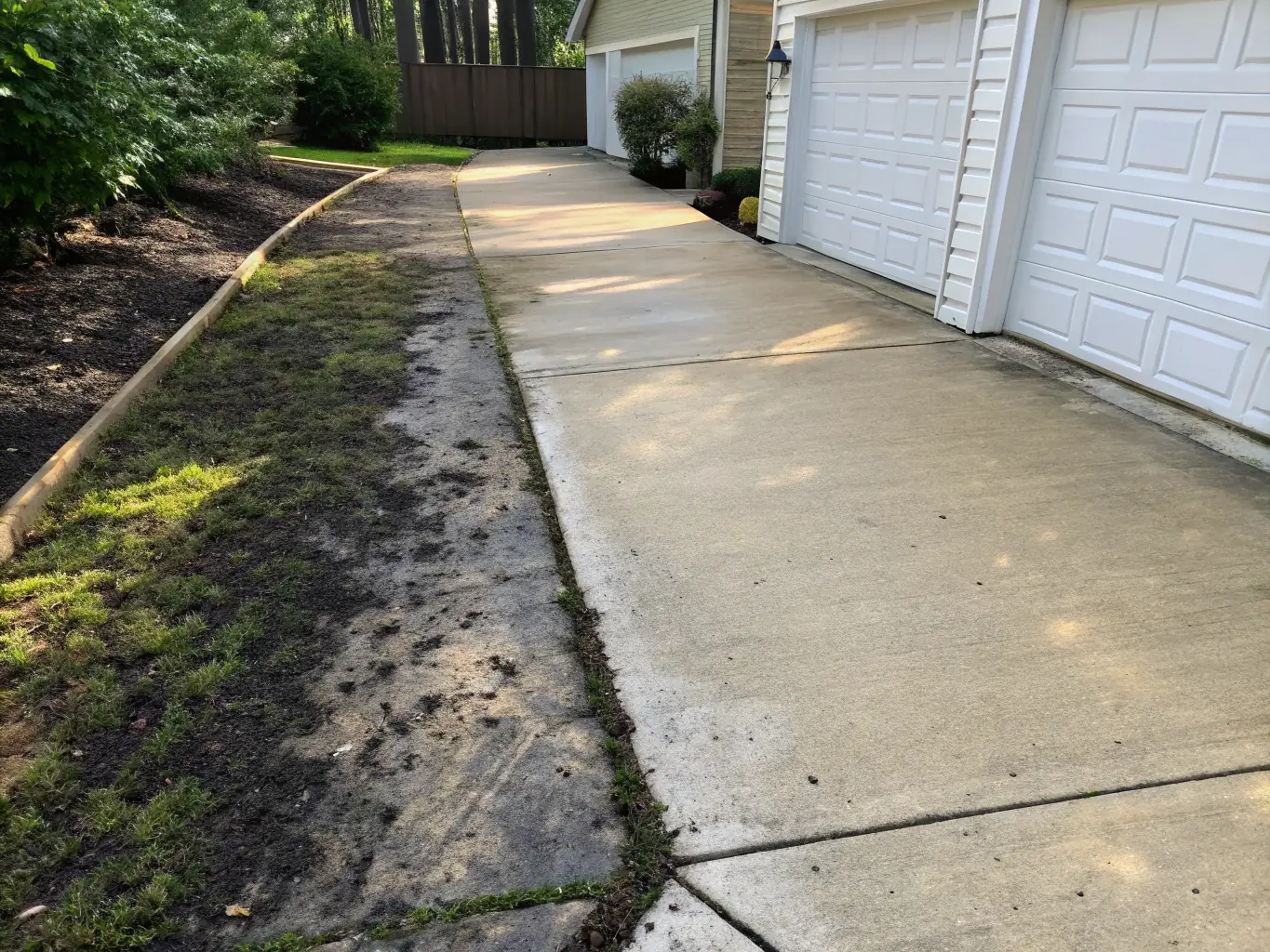 A before-and-after shot of a sidewalk, with the 'before' side covered in algae and the 'after' side sparkling clean, demonstrating E&S Pressure Washing LLC's sidewalk cleaning capabilities.