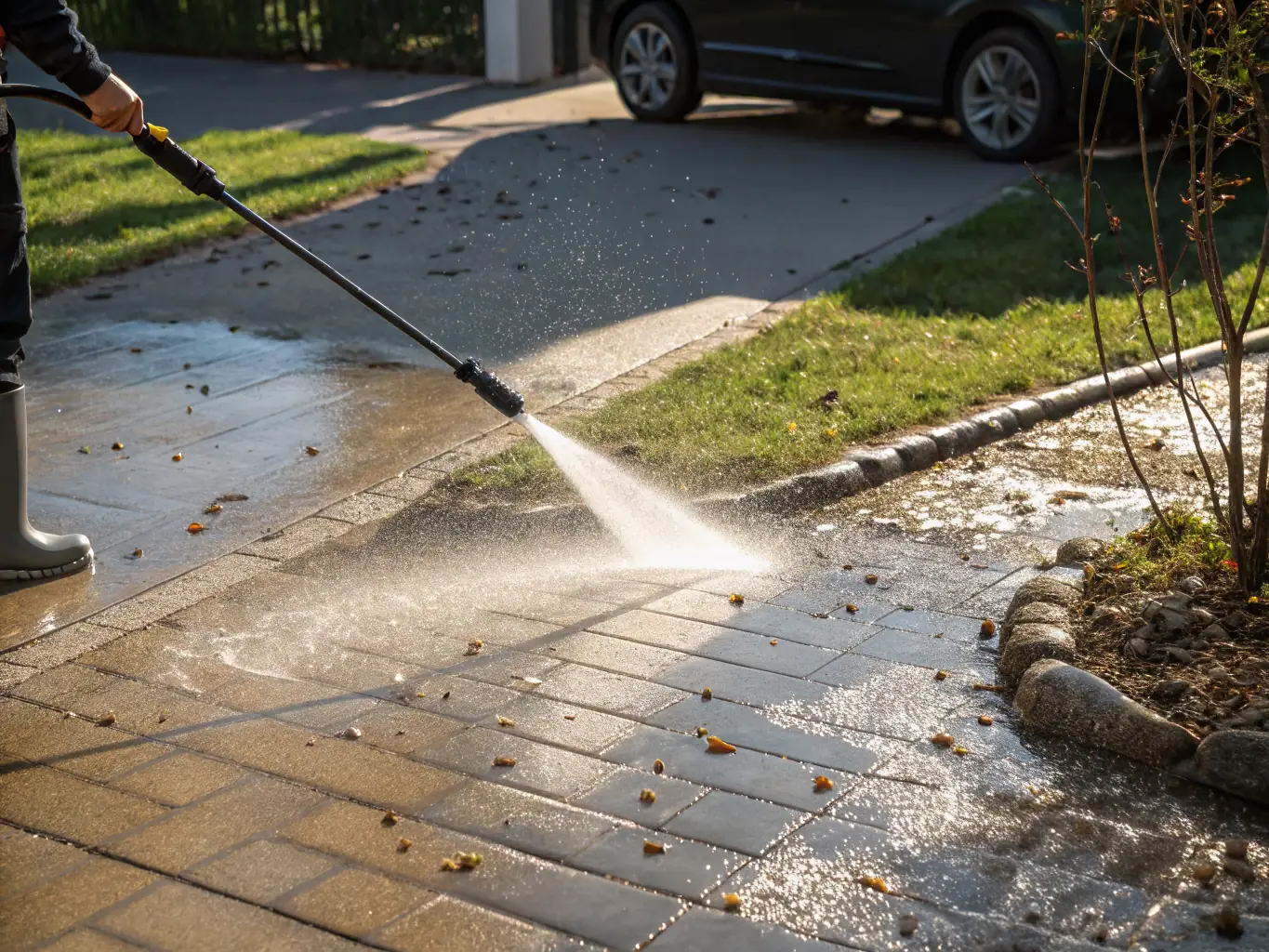 A high-pressure water stream cleaning a heavily stained concrete driveway, removing dirt and grime, showcasing the effectiveness of E&S Pressure Washing LLC's driveway cleaning service.