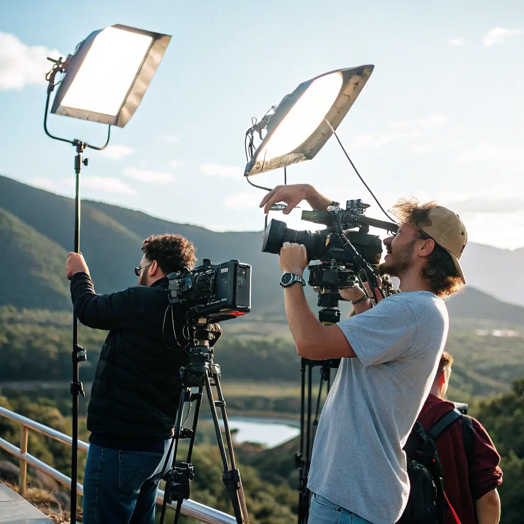 A professional film crew on location, capturing a scene with high-end cameras and lighting equipment, emphasizing the cinematic quality of the production.