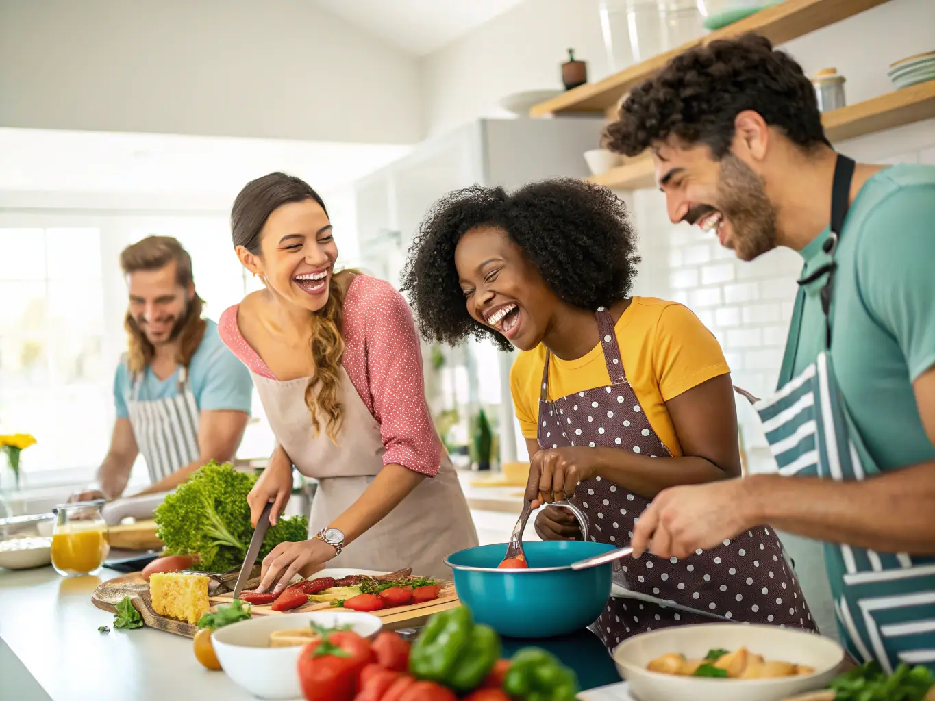 A group of people cooking together in a modern kitchen.