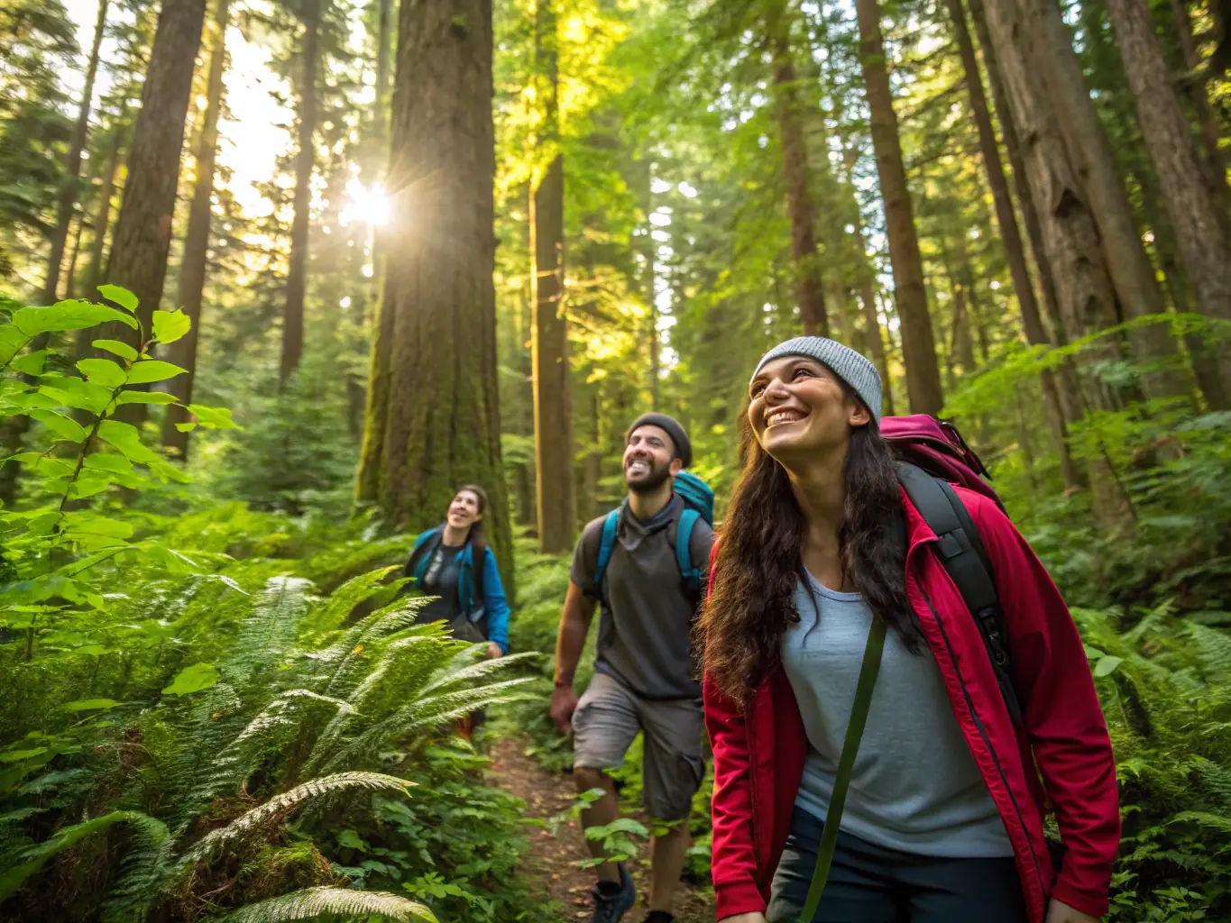 A group of people hiking through a lush green forest.