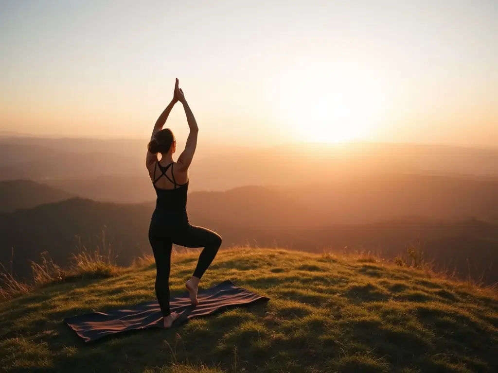 A woman in a yoga pose on a mountain top at sunrise.