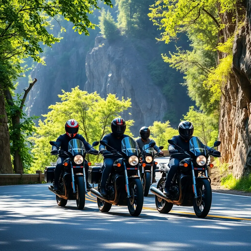 A group of motorcyclists riding together on a scenic road in Alpes-de-Haute-Provence, showcasing the camaraderie and adventure associated with the FMF 04 motorcycle club.