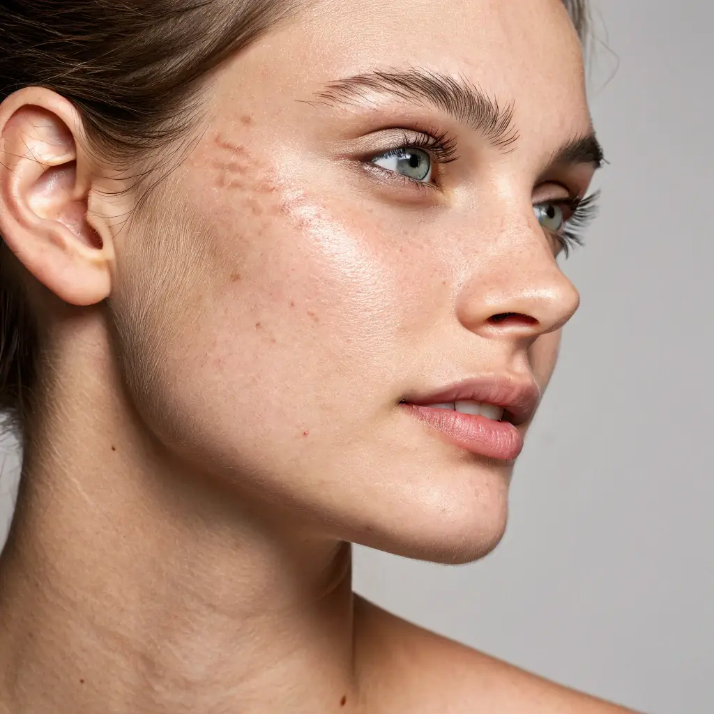 A close-up shot of skin before and after LEVI LAB's scar camouflage treatment, showcasing the visible reduction in scar appearance and improved skin tone.