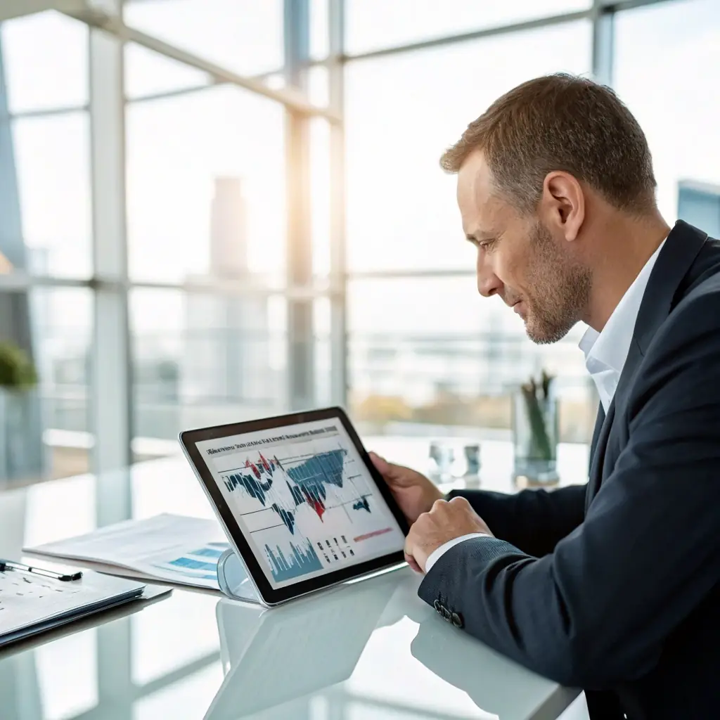 A professional businessman confidently reviewing shipping documents in a modern office setting, with a world map in the background, symbolizing global trade and logistics expertise.