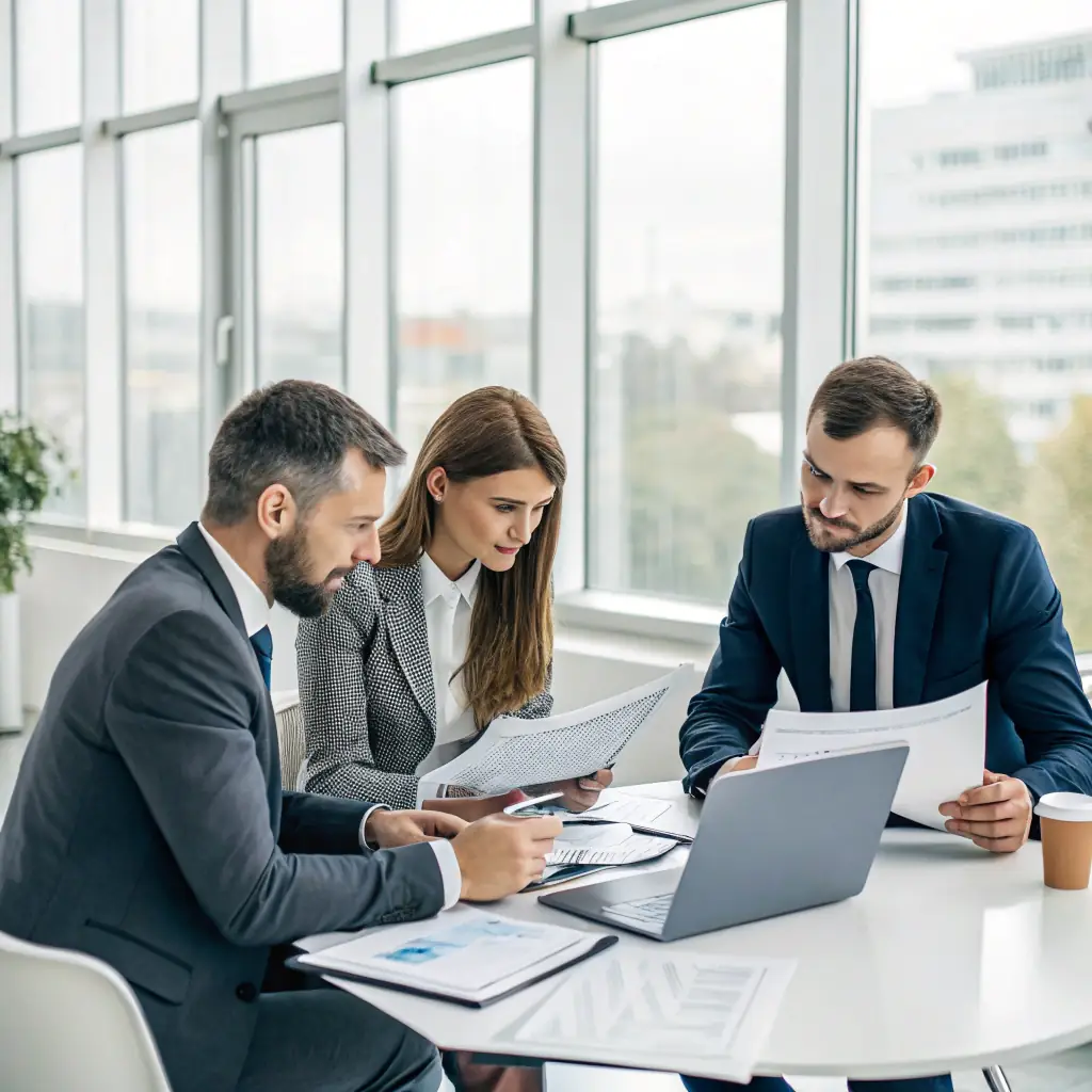 professional team collaborating over financial documents in a modern office, representing expertise in accounting and taxation services