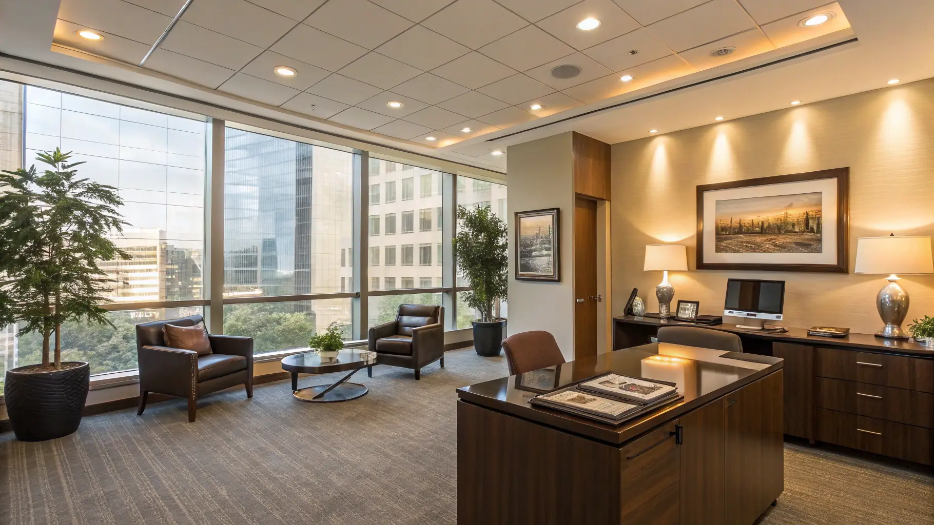 A modern law firm office with large windows and a minimalist design. The office is bright and airy, with a view of the city skyline.