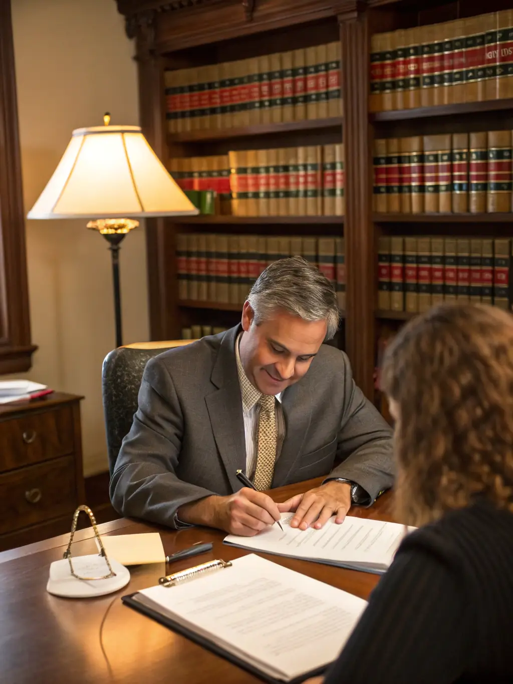 A photo depicting a tenant receiving an eviction notice, with a lawyer reviewing the document, symbolizing legal protection and assistance.