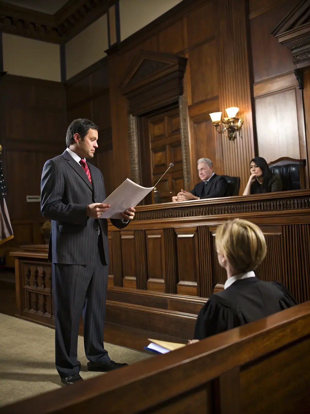An image of a courtroom setting, focusing on a tenant confidently presenting their case with legal support.