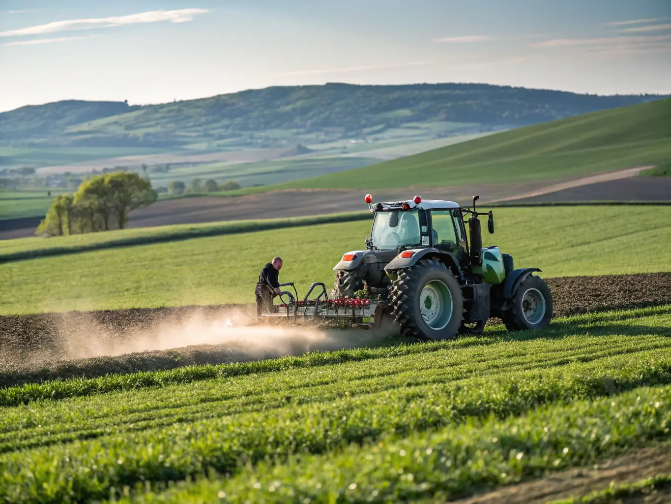 Farming machinery in a rural setting, showcasing advanced equipment and training sessions.