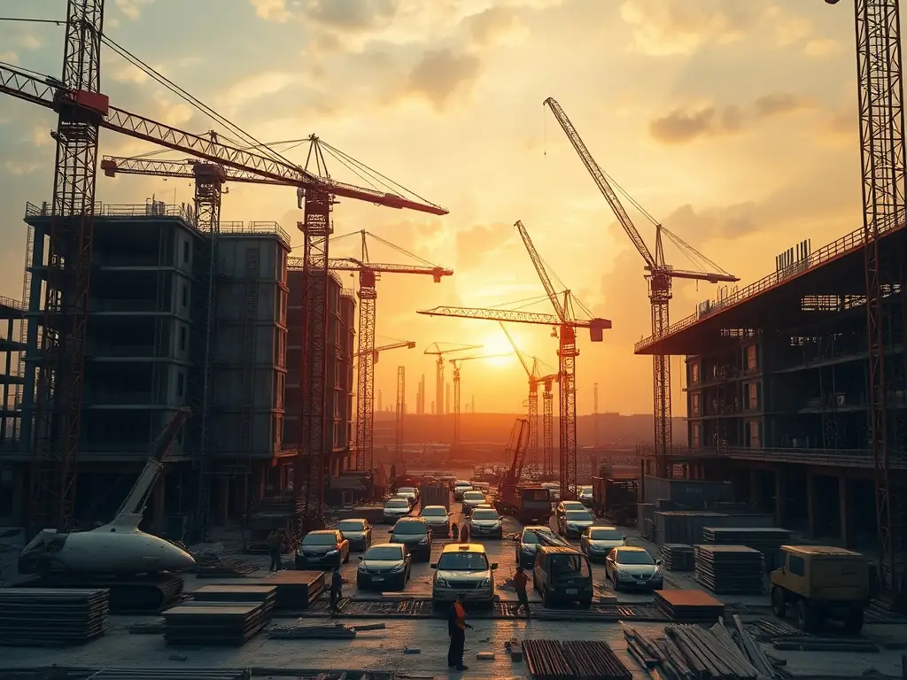Construction equipment in use on a construction site, highlighting cranes and excavators in action.