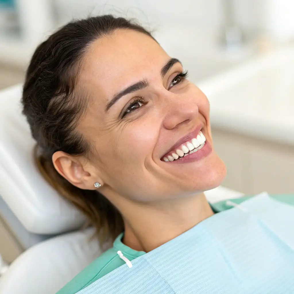 Close-up of a person smiling, showcasing their perfectly aligned and natural-looking feldspathic veneers. The image should convey confidence and the aesthetic appeal of well-maintained veneers, suitable for a medical center website.