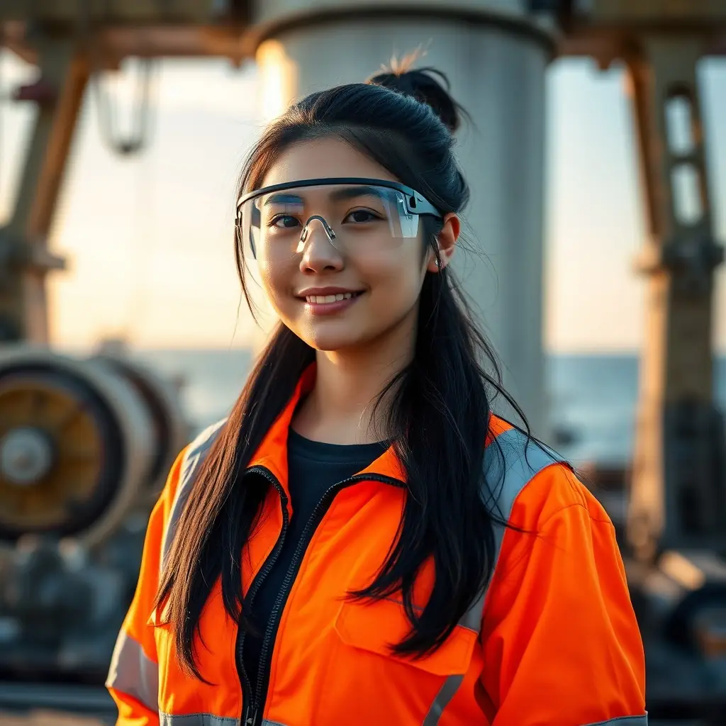 A young woman in safety goggles and an orange jacket in front of industrial machinery.