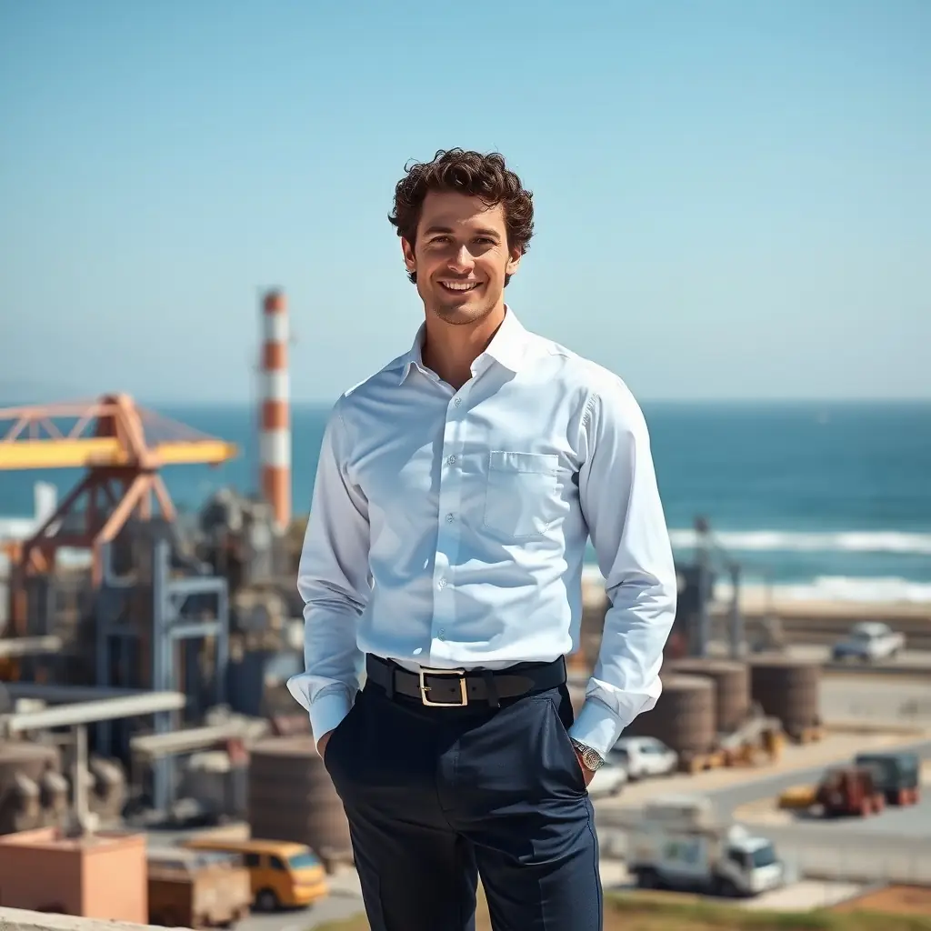 A confident man in a white shirt and dark trousers smiling in an industrial setting.