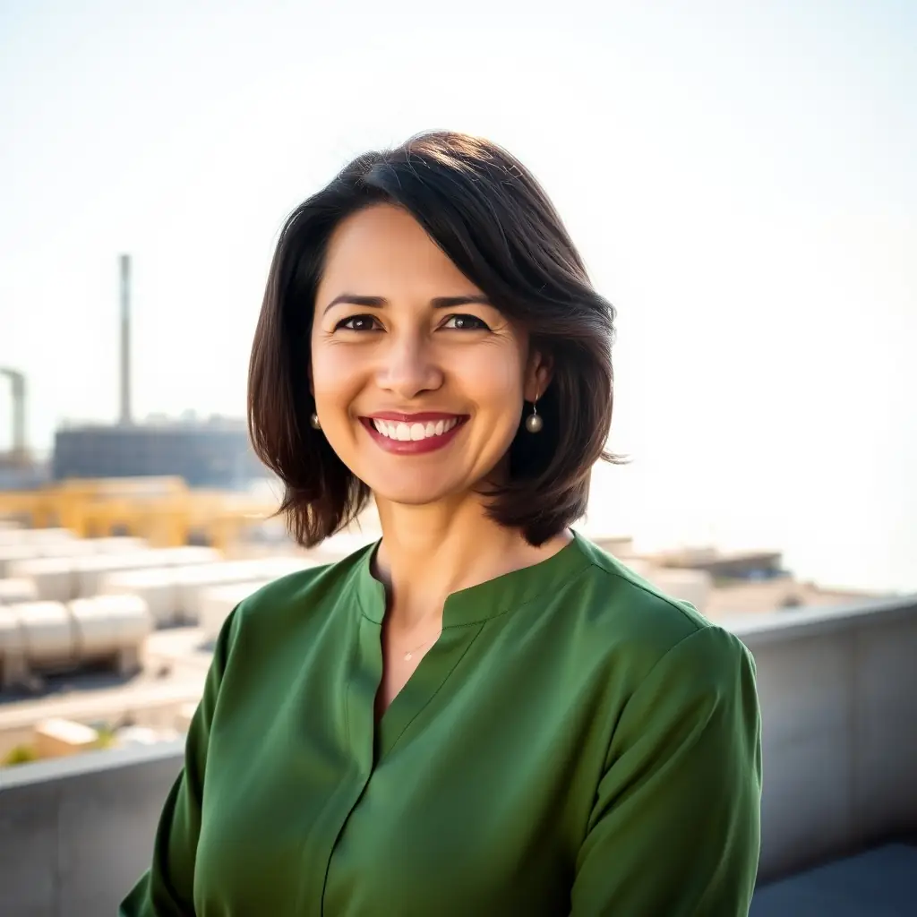A friendly woman in a green blouse smiling near the Tanajib Aramco Plant.