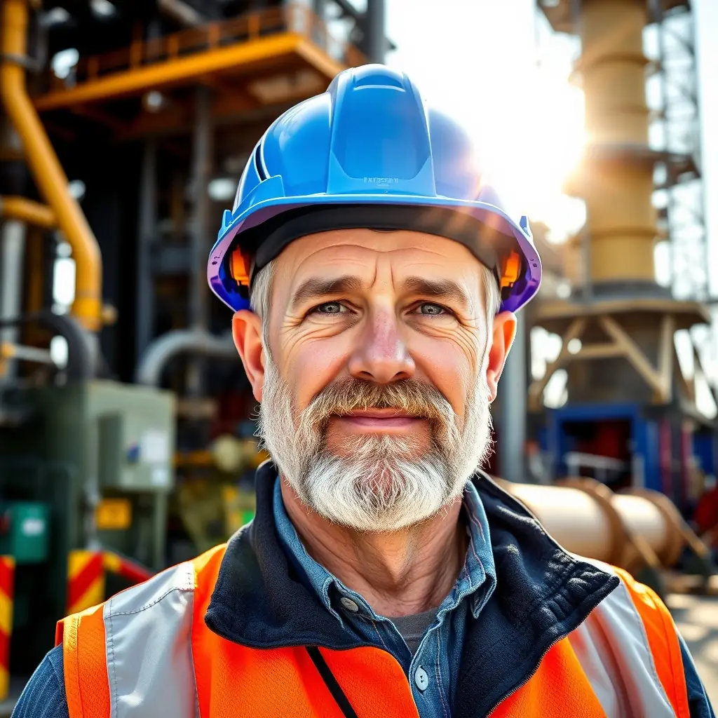 A middle-aged man in a blue safety helmet and reflective vest in front of an oil facility.